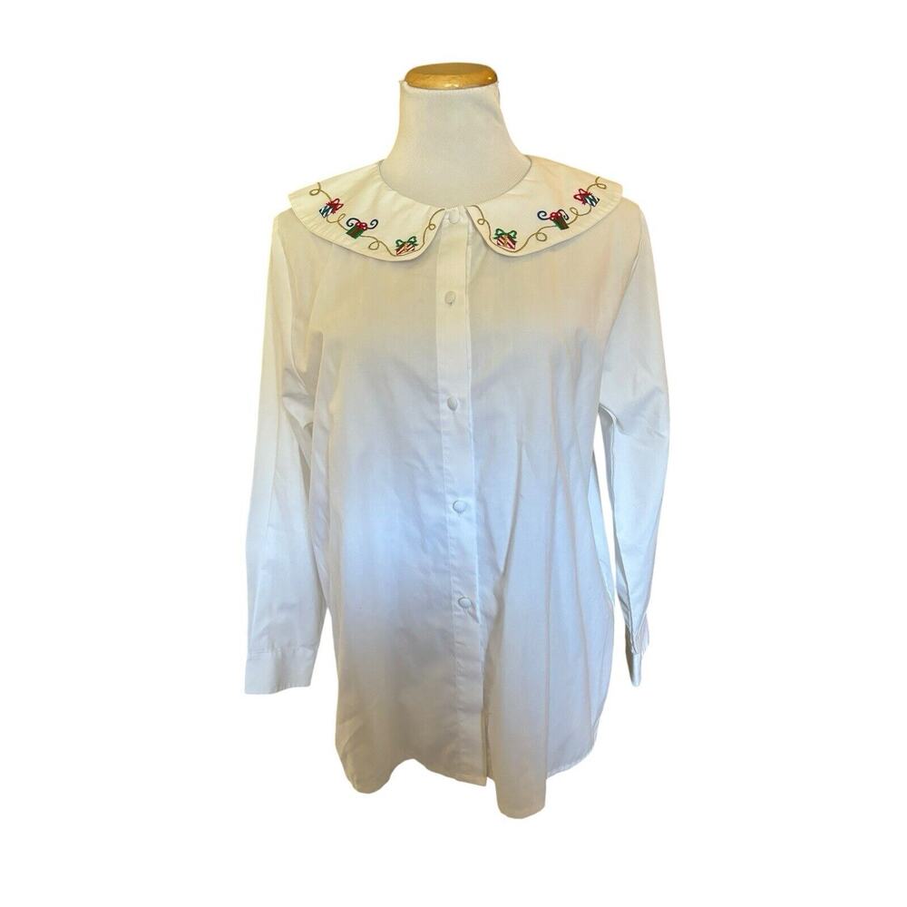 Vintage embroidered Christmas present gift Peter Pan collar button down size 10P